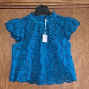 Jennifer + Grace Eyelet Ruffle Sleeve Blouse, Color Blue (Ocean), size L